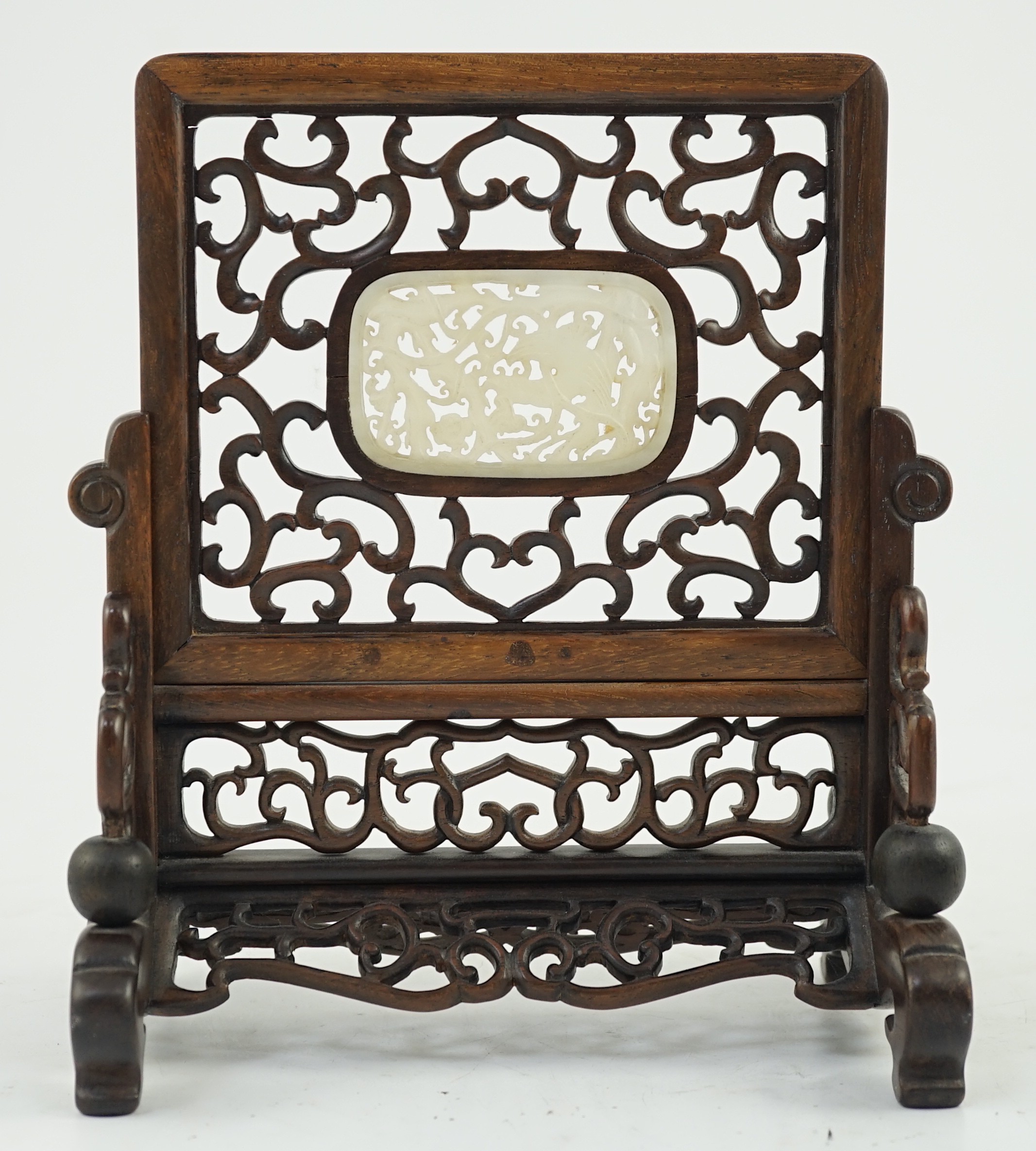 A small Chinese jade mounted hongmu tablescreen, late 19th/early 20th century, 22cm high, 19cm wide